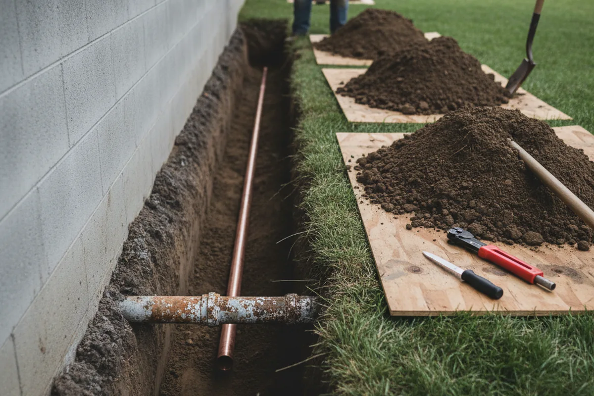 Excavated water line trench during Water Heater Repair in Minotola